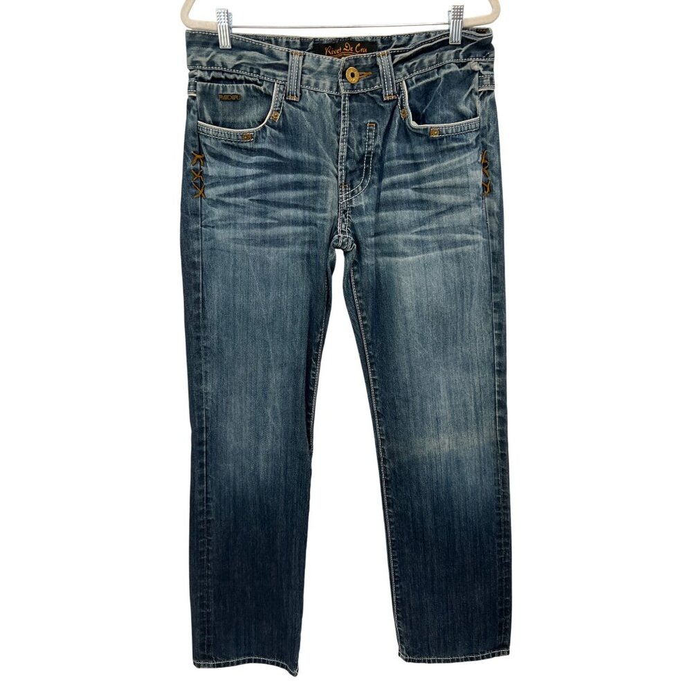 Rivet De Cru Jeans Size 33 Straight Leg Denim Medium Wash Distressed Retro